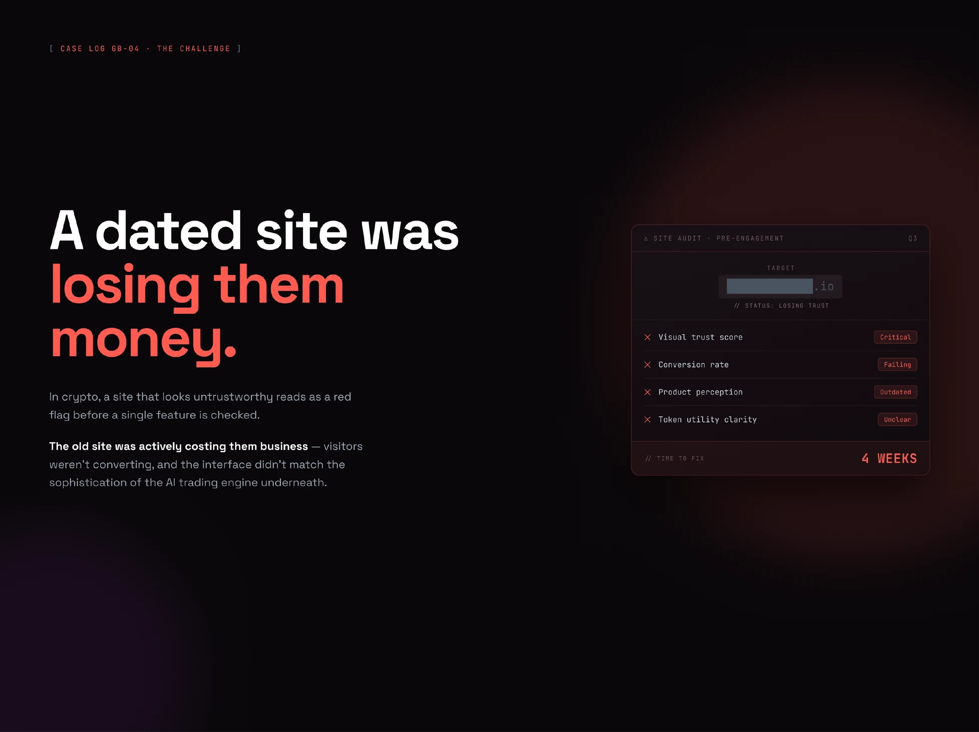 Challenge slide: a pre-engagement site audit marking visual trust, conversion rate, product perception and token clarity as failing
