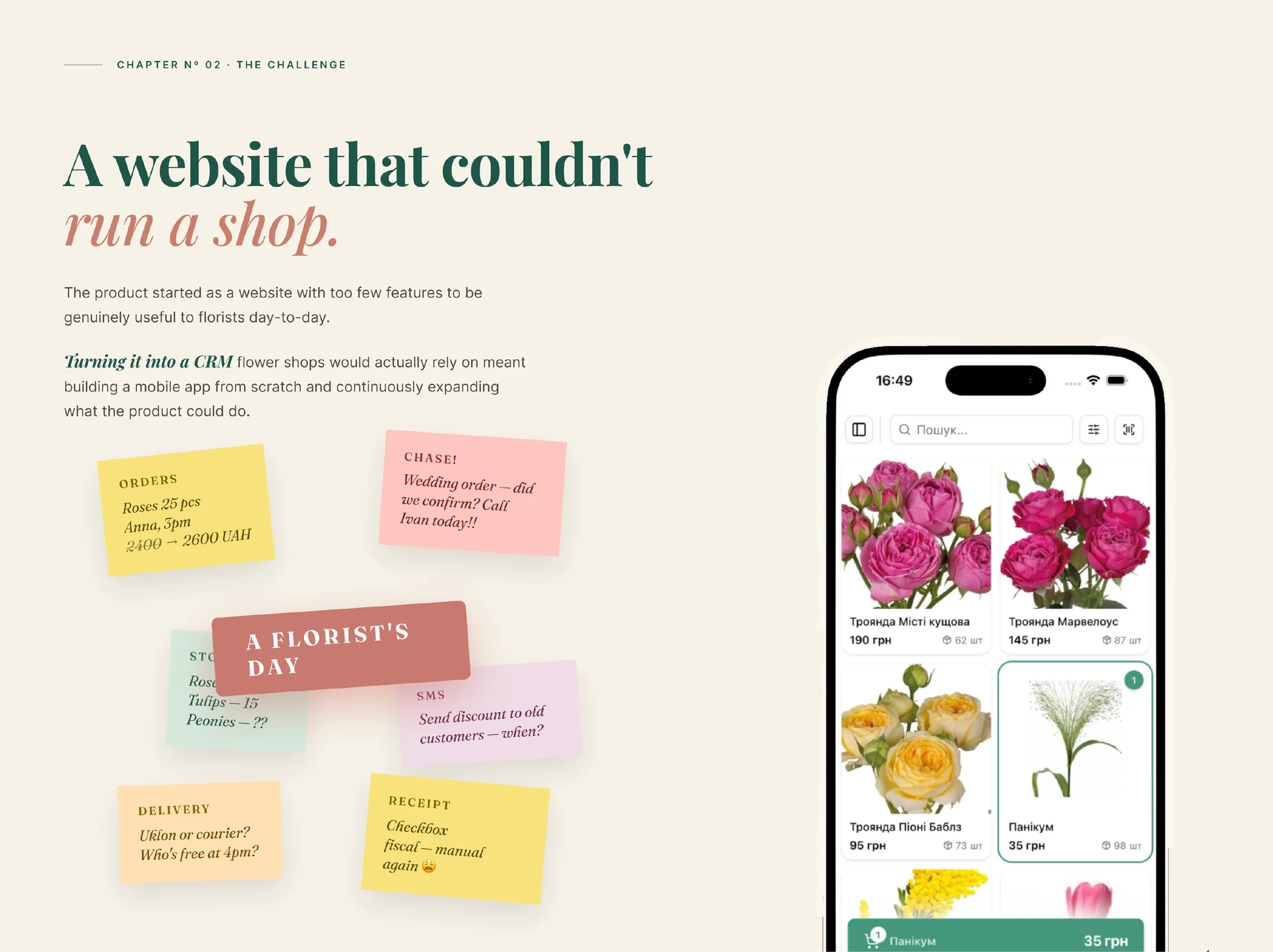 Challenge slide: a florist’s day scattered across sticky notes — orders, stock, delivery, receipts and follow-up calls with nowhere to live