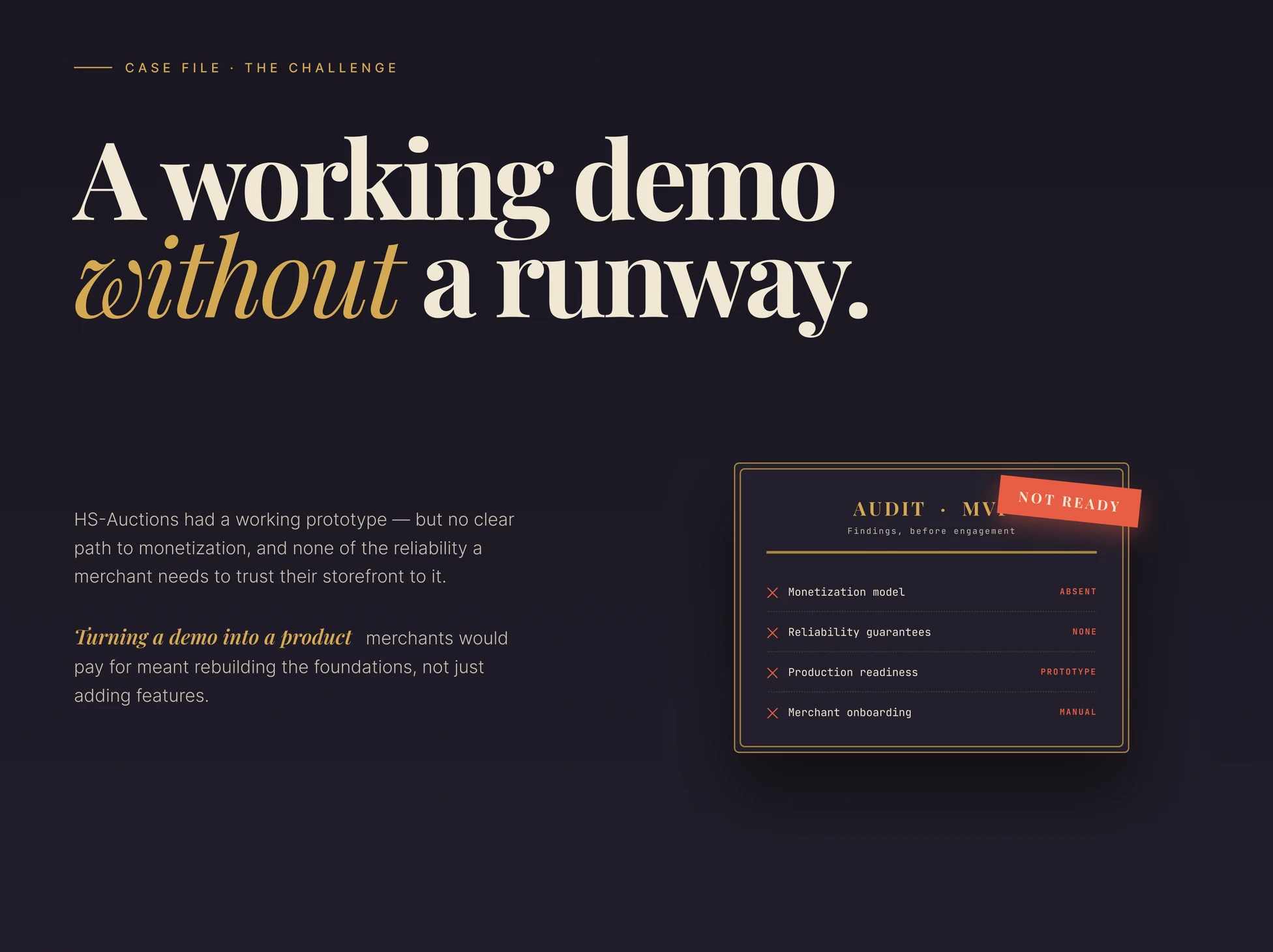 Challenge slide: a working demo without a runway — an MVP audit marks monetization, reliability guarantees, production readiness and merchant onboarding as unresolved