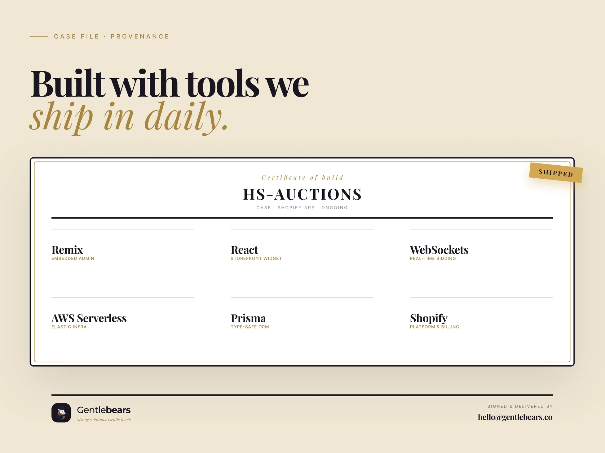 Provenance slide: Remix, React, WebSockets, AWS serverless, Prisma and Shopify