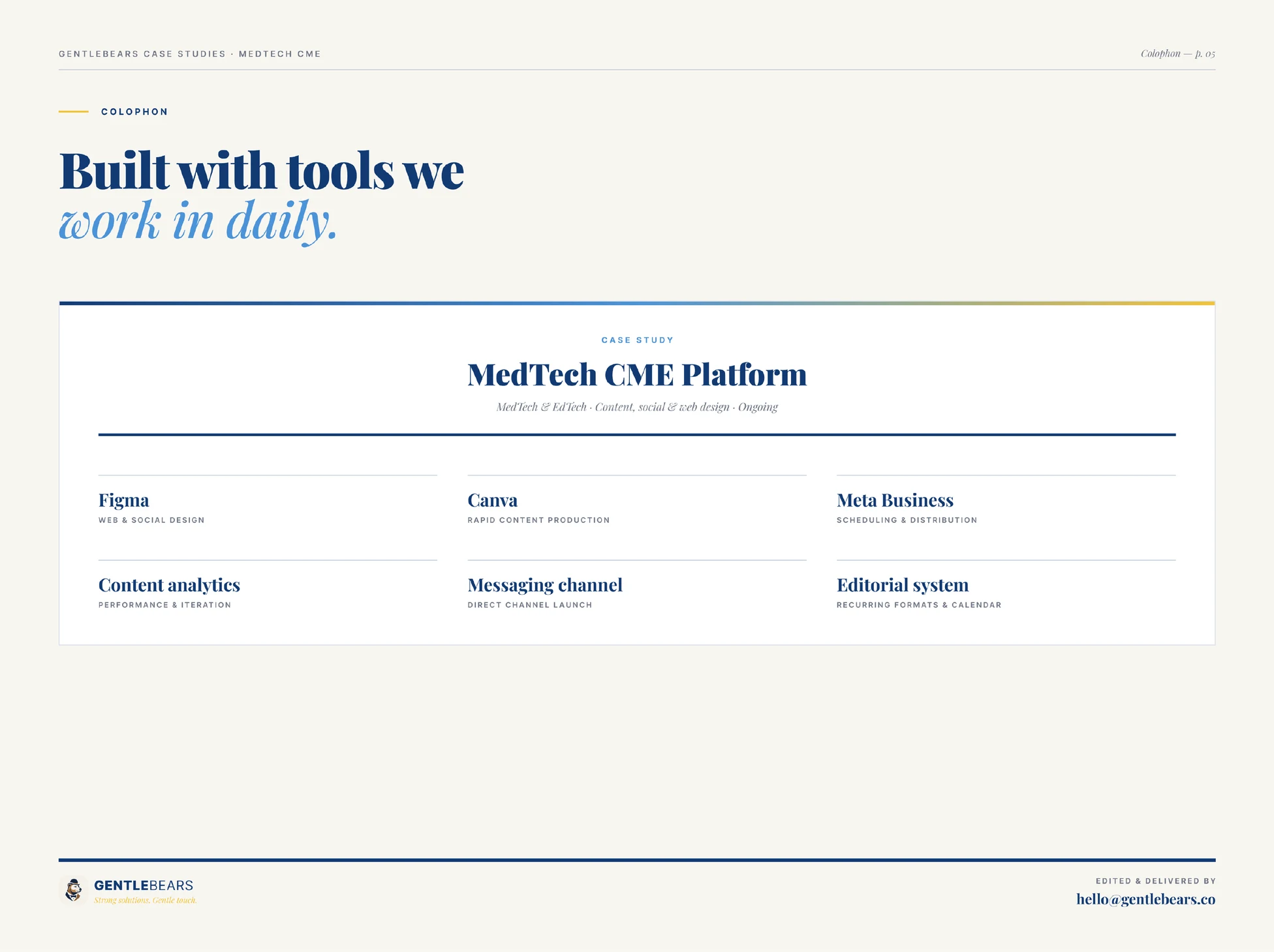 Provenance slide: Figma, Canva, Meta Business Suite, content analytics, a messaging channel and an editorial system