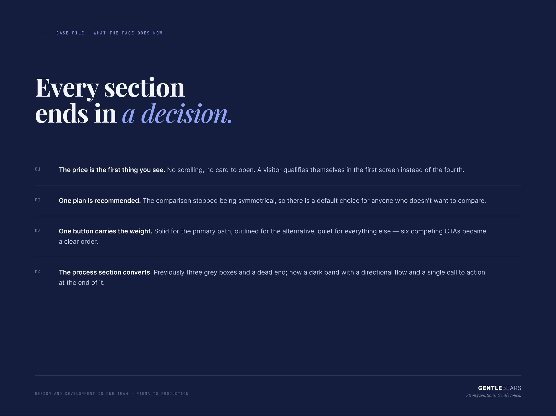Results slide: the price is the first thing you see, one plan is recommended, one button carries the weight and every section ends in a decision